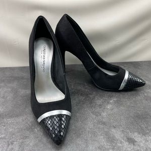 Christian Siriano Women’s Shoes Black Silver 7M Faux Suede Cap Toe Heels Pumps